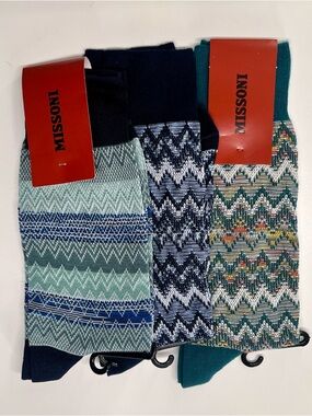 Missoni Men's Multicolor Zigzag Dress Socks - Blue, Green, Teal NWT Small Medium